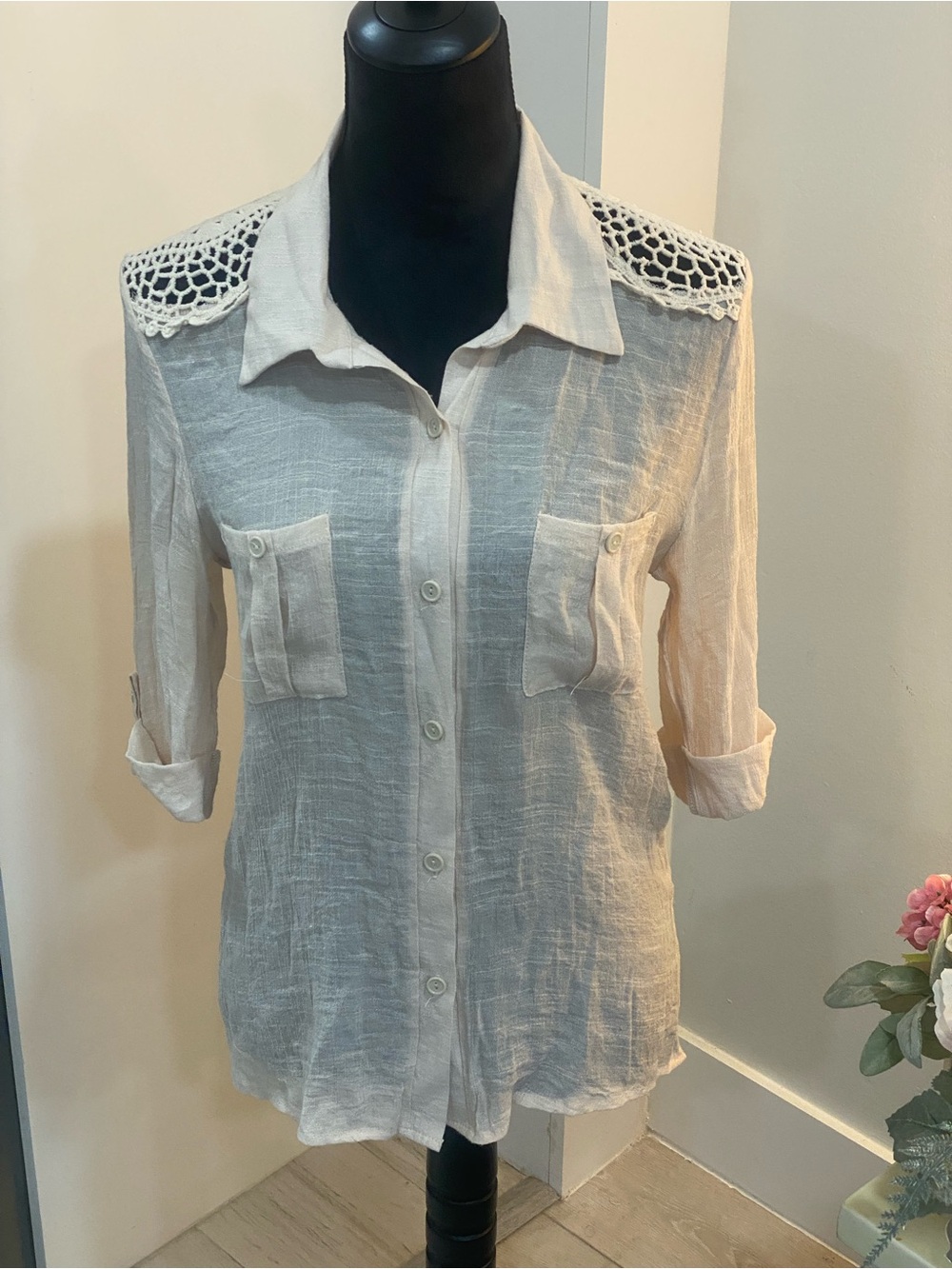 Lavish Cream Crochet-Shoulder Button Down Shirt